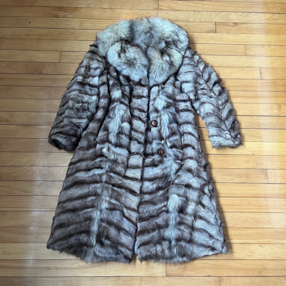 Vintage Grey Beige Striped Fur Longline Coat Oversized Shawl Collar Women Medium